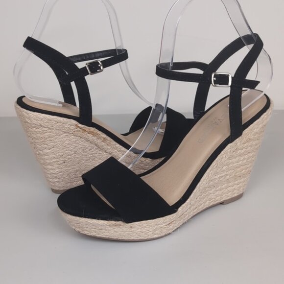 Revamped Faux Suede Espadrille Wedge Sandals High Heels Womens Size 7 Black - Picture 10 of 10